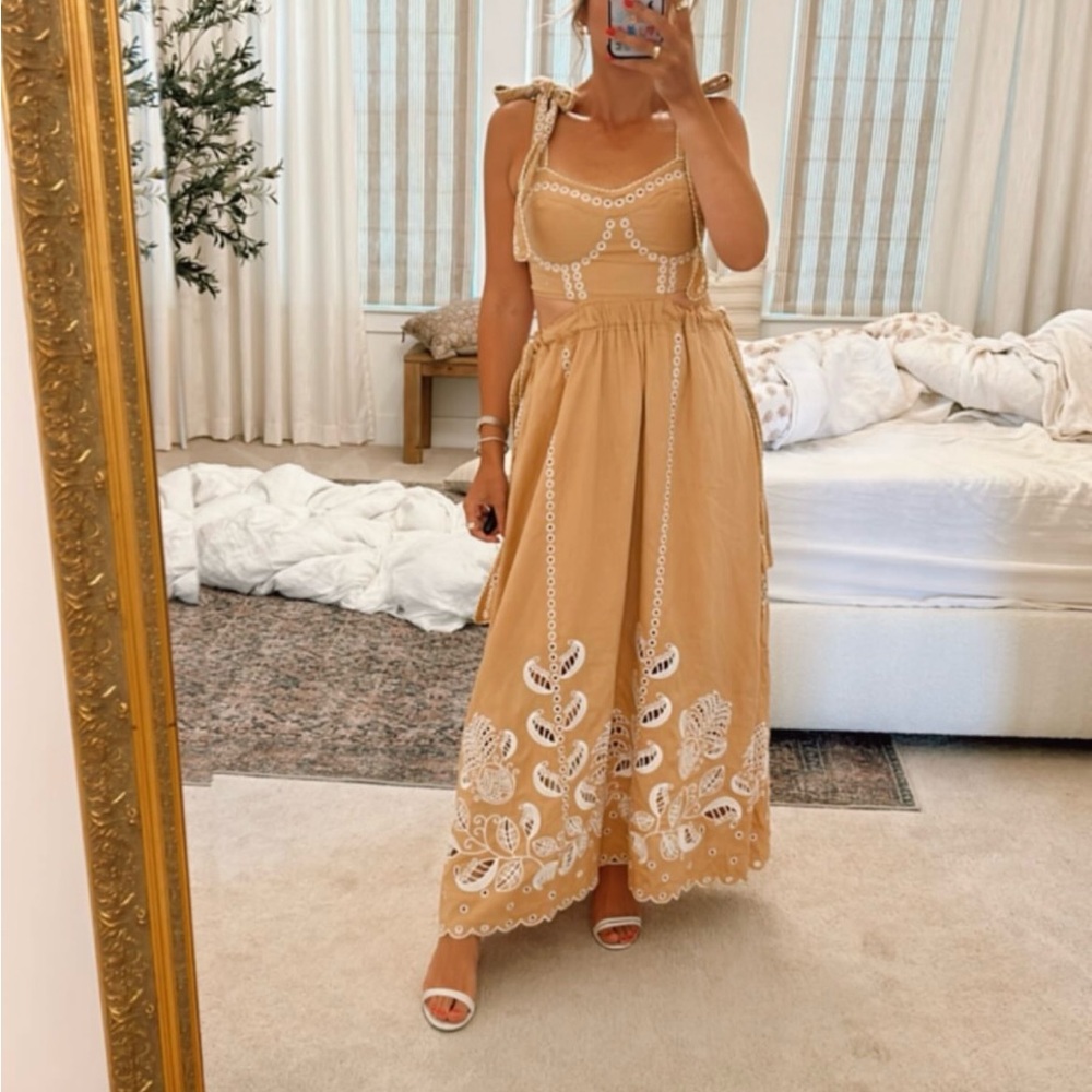 FARM Rio Tan Pleated Maxi Dress for Wedding Guest